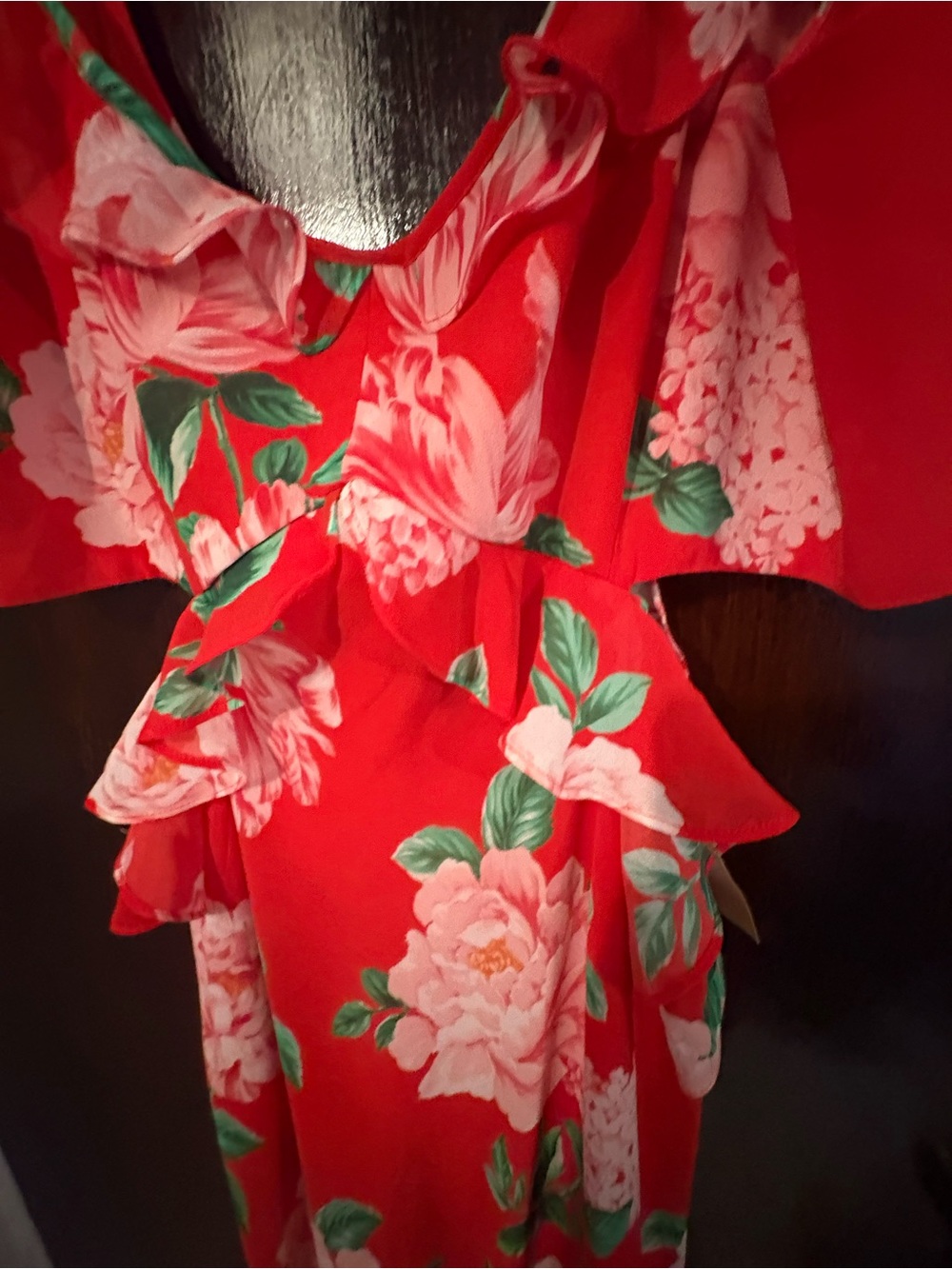 Ever New Red Floral High-Low Ruffle Maxi Dress. Size Large. - Picture 5 of 10